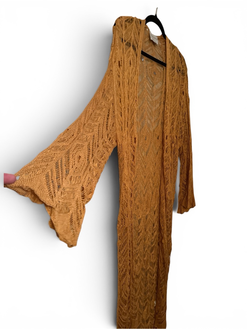Long Crochet Fringe Kint Duster Cardigan - Rust Brown Sz Large - Picture 4 of 7